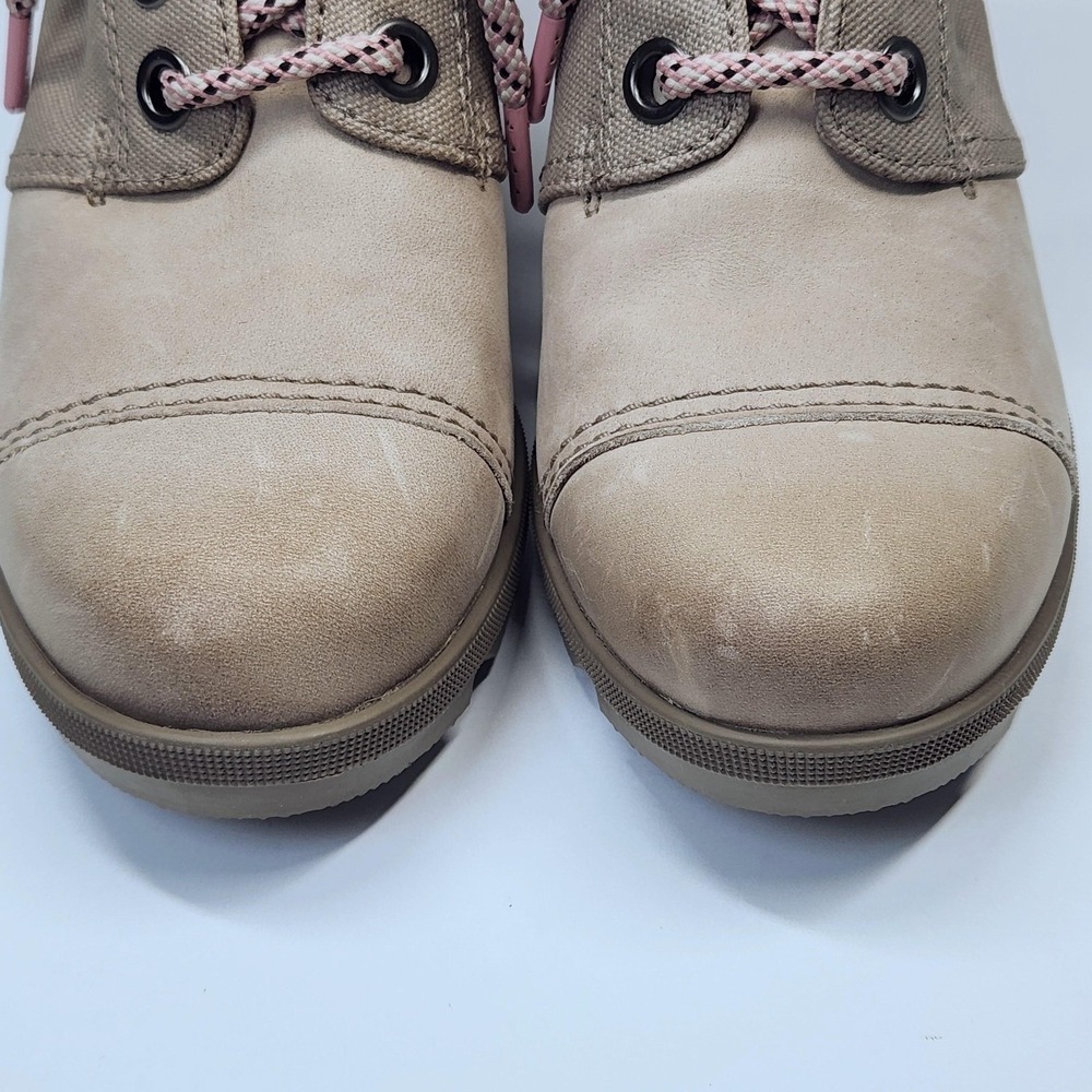 Sorel Boots Womens Size 8.5 Beige Canvas Leather Lace Up Wedge Ankle Booties - Picture 9 of 14